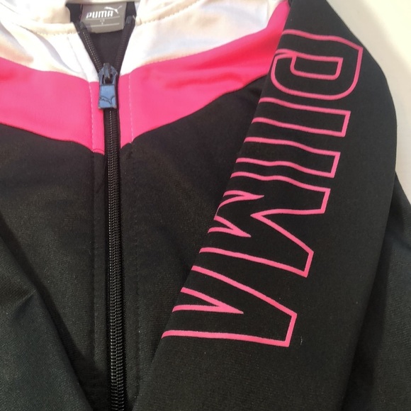 Puma Other - PUMA Zipper Hoodie Silky Jacket Black Pink White Little Girl Size 4 EUC